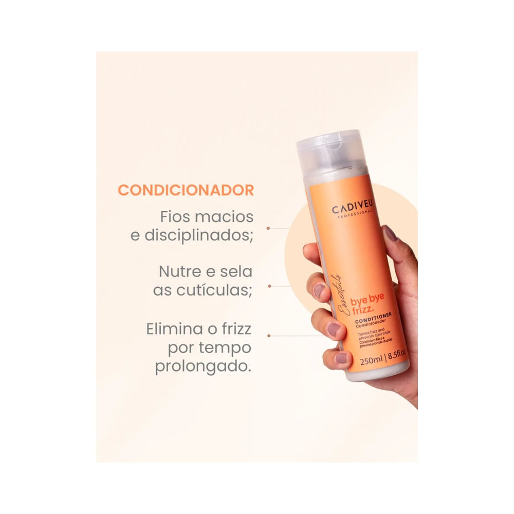 Mão segurando Condicionador Cadiveu Bye Bye Frizz 250ml com destaque para benefícios